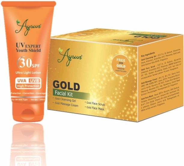 Aysun Combo Pack of UV Expert Youth Shield 30SPF & Gold Facial Kit Pack of 2