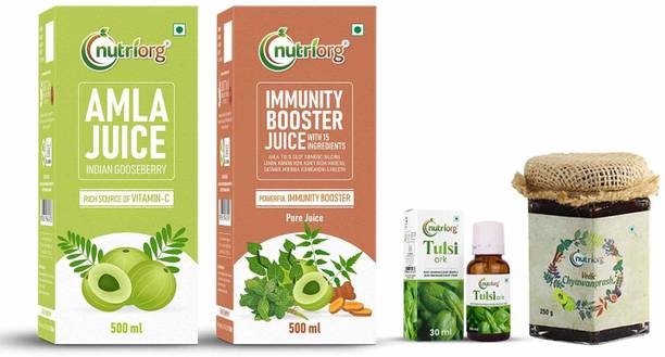 Nutriorg Amla Juice 500 ml, Immunity Booster 500 ml, Tulsi Ark 30 ml, Vedic Chyawanprash 250g (Combo of 4) Combo