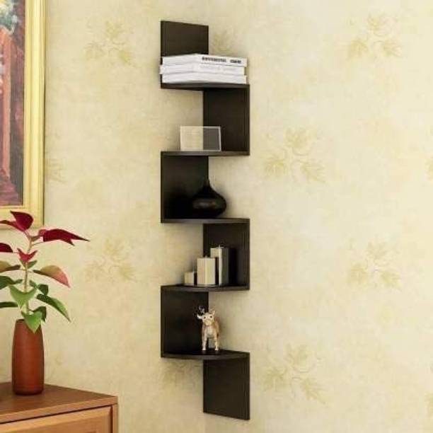 woodinto Engineered Wood High-Glossy Zig Zag Shape Corner Wall Mount Shelf Unit for Wooden Wall Shelf