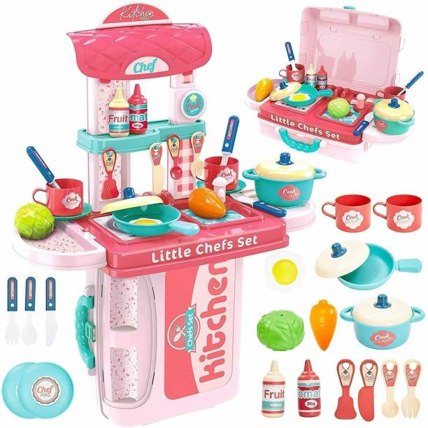 FIONATECH 3 in 1 Kitchen Suitcase for Kids Mini Kitchen Play Set Portable Cooking For Kids