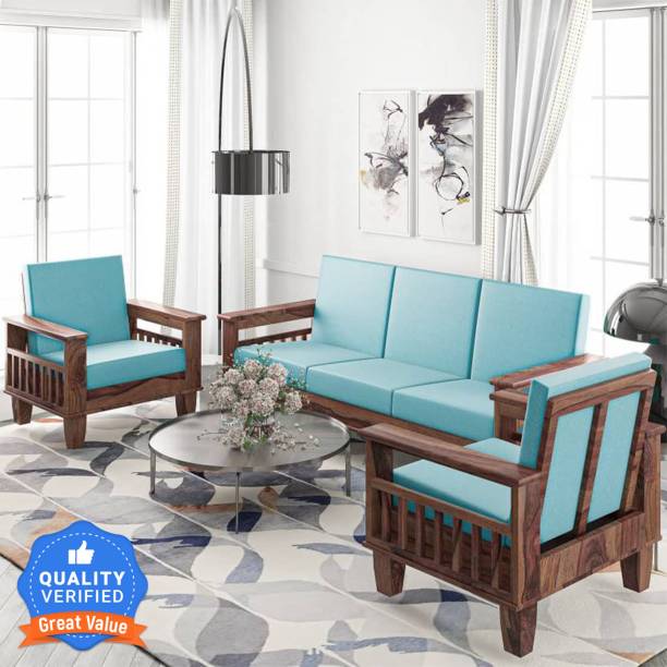 Kendalwood Furniture Fabric 3 + 1 + 1 Mahogany Finish with Blue Cushions Sofa Set