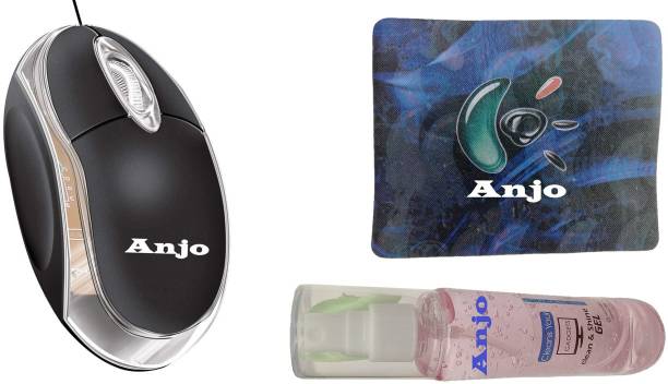 ANJO Combo Wired LED Mouse (Black), Mouse Pad & Cleaning Gel Spray 100ml Wired Ambidextrous Optical  Gaming Mouse