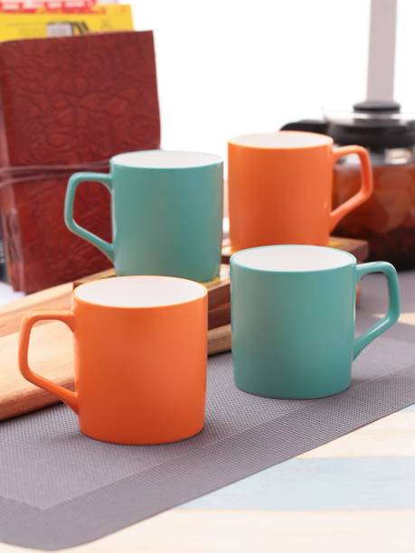 CLAY CRAFT Multicolor - 2 Orange +2 Teal Blue - Set of 4 Ceramic Coffee Mug