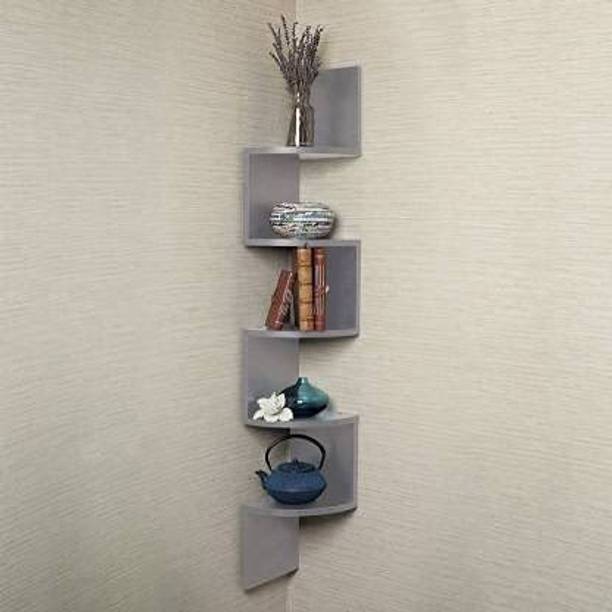 woodinto Engineered Wood High-Glossy Zig Zag Shape Corner Wall Mount Shelf Unit Wooden Wall Shelf