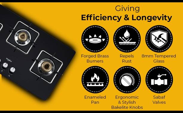 Whirlpool 3 Heavy Duty Forged Brass Burner with Rust Free Body GRANDIOSA ULTRA 753 CT BR Glass Manual Gas Stove  (3 Burners)