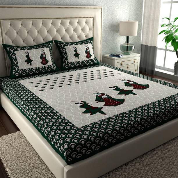 LA VERNE 144 TC Cotton Double Jaipuri Prints Flat Bedsheet