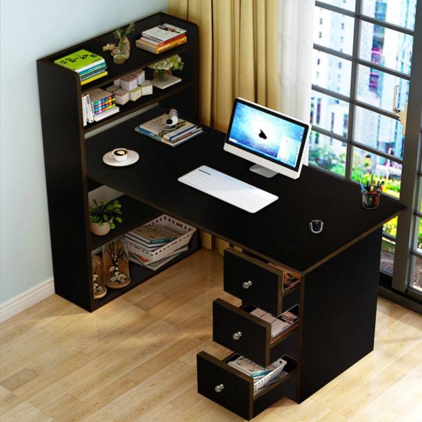 KAWACHI Office Computer Laptop Desk Writing Study Table with 4 Shelves Storage 3 Drawers Engineered Wood Computer Desk