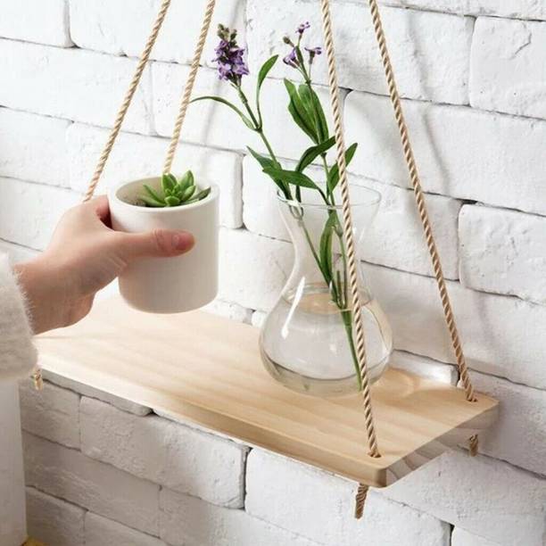 ECOPLUS Macrame Wall Hanging Shelf Wood Floating Boho Shelves with Wooden Wooden Wall Shelf