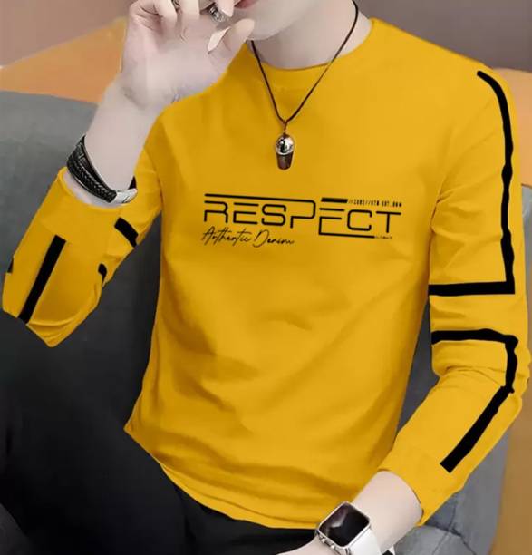 Men Printed Round Neck Cotton Blend Yellow T-Shirt Price in India