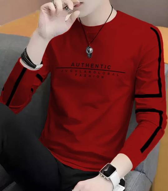 Men Printed Round Neck Cotton Blend Red T-Shirt Price in India
