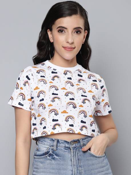 Women Printed Round Neck Cotton Blend White T-Shirt