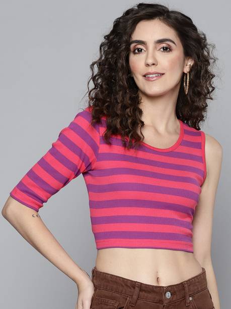 Casual Regular Sleeves Striped Women Pink Top