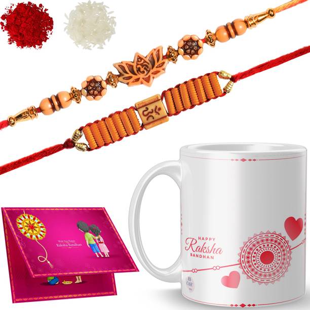 RS CASE Designer MTM-R-4-16-D69 Gold Finish Rakhi, Chawal Roli Pack, Greeting Card, Mug Set