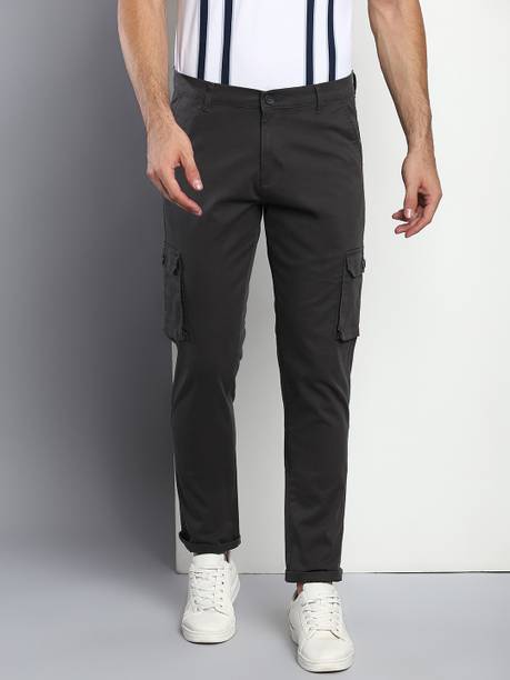 Men Slim Fit Grey Cotton Blend Trousers