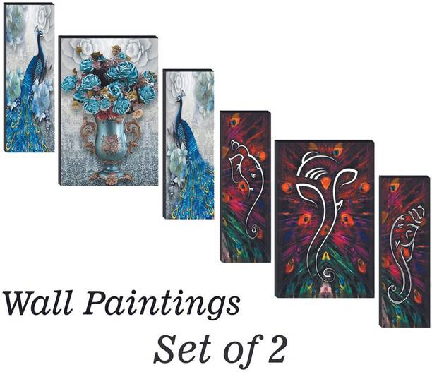 WALLMAX Peacock And Ganesh ji Digital Reprint 18 inch x 12 inch Painting