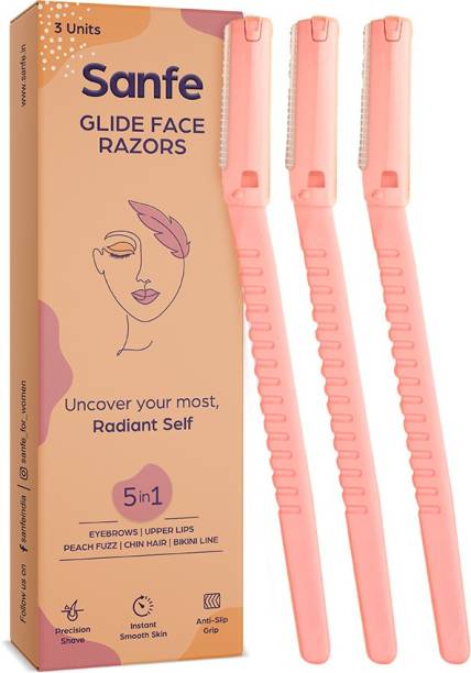 Sanfe Glide Face Razor for painfree facial hair removal (3 units) - upper lips, chin, peach fuzz - Stainless steel blade, comfortable, firm grip