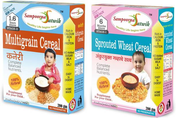 sampoorna satwik Multigrain Cereal Stage - 2 and Sprouted Wheat Cereal, 400 Grams (Combo of 2) Homemade, Natural Cereal