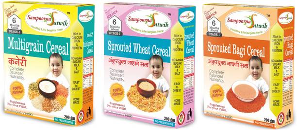 sampoorna satwik Multigrain Cereal Stage 1, Sprouted Wheat Cereal and Sprouted Ragi Cereal, 600 Grams (Combo of 3), Homemade, Natural Cereal