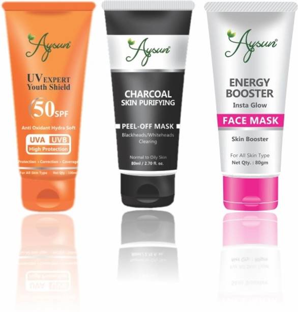 Aysun Combo Pack of UV Expert Youth Shield 50SPF & Charcoal Peel off Mask + Enegry Booster Face Mask Pack of 3