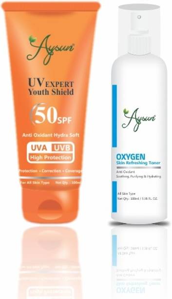 Aysun Combo Pack of UV Expert Youth Shield 50SPF & Oxygen Skin Refreshing Toner Pack of 2