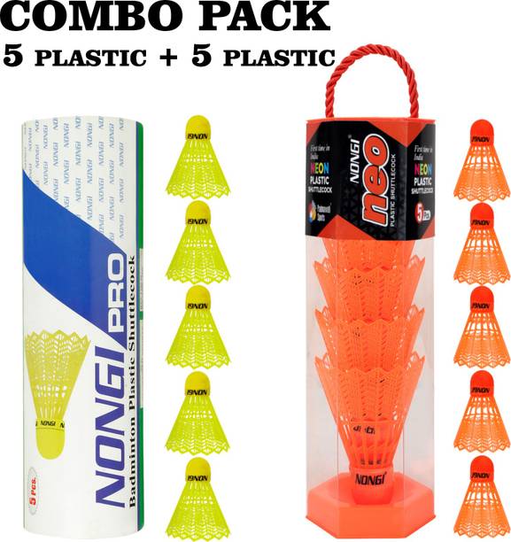 Nongi Badminton Shuttle (NEO & PRO) Combo Pack Of 10 Shuttle For Indoor Outdoor Sports Plastic Shuttle  - Orange, Yellow