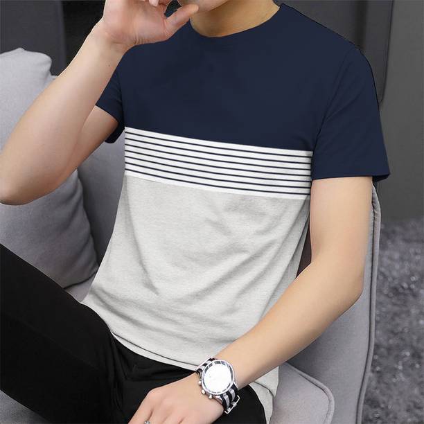 Men Striped Round Neck Cotton Blend Dark Blue, White T-Shirt Price in India