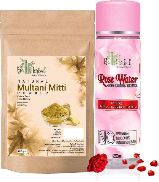 BE HERBAL Pure Natural Multani mitti powder 200gm+Rose water 120ml combo Face & Skin Glow