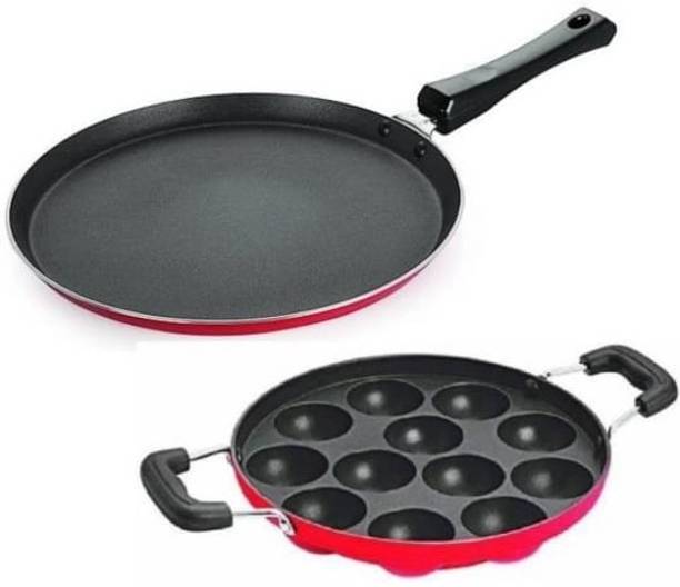 Kushi Appam patra 12 cavity and Dosa Tawa Non stick, Smooth Handle Tawa 23 cm, 28 cm diameter with Lid