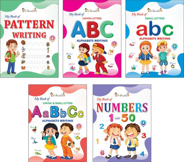 InIkao Copy Writing Practice Books - English Basic Standard Copy Writing Books Collections (Set of 5 Books). English Alphabet Writing, Capital Letter, Small Letter, Capital & Small, Pattern Writing, Numbers 1-50