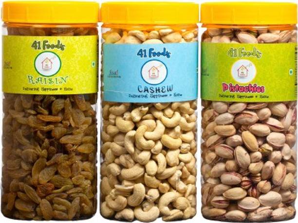 41 foods Dry fruits combo pack of Pistachios Cashews Raisins | pista kaju kishmish 1.5 KG Cashews, Raisins, Pistachios