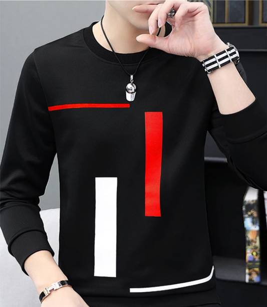 Men Striped Round Neck Pure Cotton Black T-Shirt