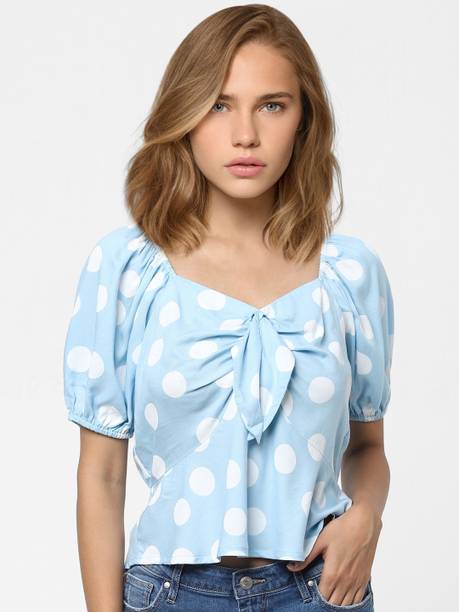 Casual Regular Sleeves Polka Print Women Blue Top