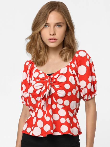 Casual Regular Sleeves Polka Print Women Red Top