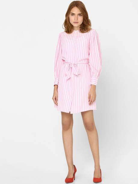Women Shirt Pink, White Above Knee/Mid Thigh Length Dress