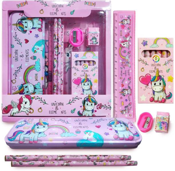 KAVANA Pencil Box Set for School,Stationery Gift set for Bots/Girls unicorn Art Metal Pencil Box
