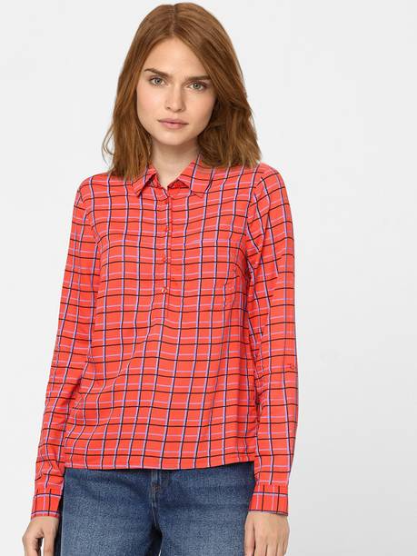 Casual Regular Sleeves Checkered Women Red Top