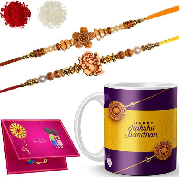 RS CASE Designer MTM-R-6-3-D74 Gold Finish Rakhi, Chawal Roli Pack, Greeting Card, Mug Set