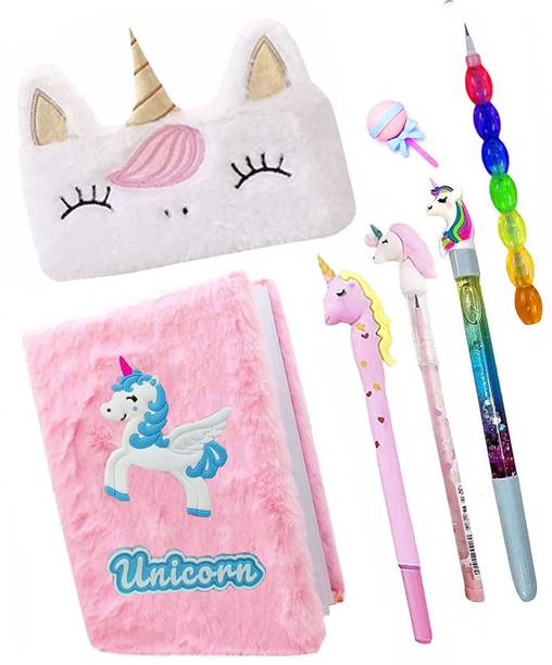NSR Group 7 Pcs Unicorn Combo - Fur Diary/Fur Pouch/Pen/Pencil/Water Pen/Eraser Gift Set