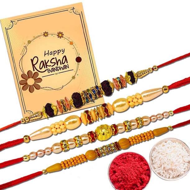 Avirons Designer Rakhi Gifts for Brother, Rakhi Combo Pack for Brother (Rakhi2/6/48/52) Mauli Thread Rakhi, Greeting Card, Chawal Roli Pack  Set