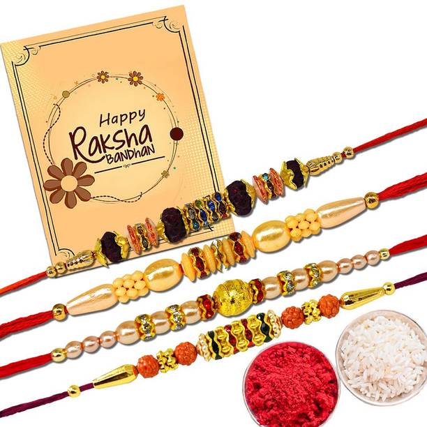 Avirons Designer Rakhi Gifts for Brother, Rakhi Combo Pack for Brother (Rakhi2/6/48/58) Mauli Thread Rakhi, Greeting Card, Chawal Roli Pack  Set