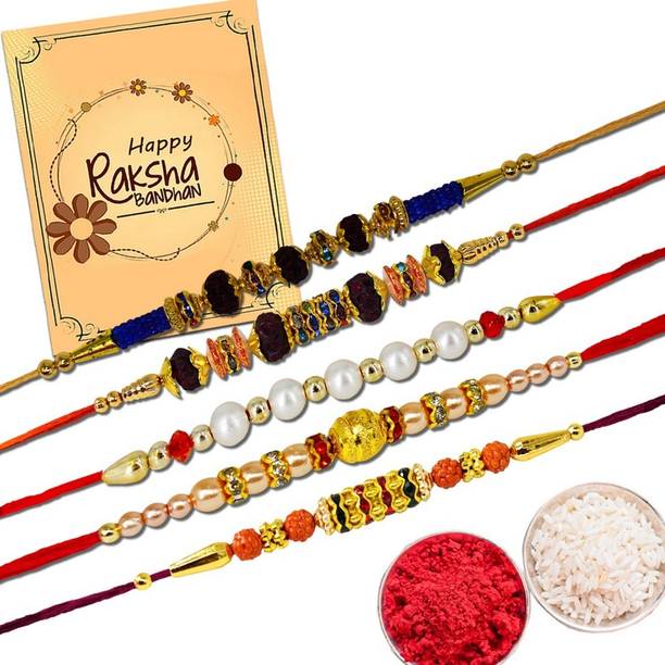 Avirons Designer Rakhi Gifts for Brother, Rakhi Combo Pack for Brother (Rakhi2/6/9/10/58) Mauli Thread Rakhi, Greeting Card, Chawal Roli Pack  Set