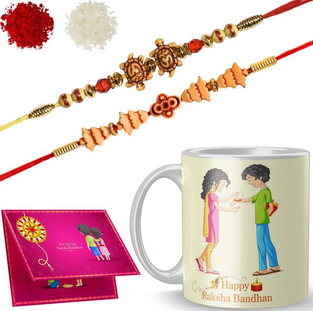 RS CASE Designer MTM-R-7-17-D41 Gold Finish Rakhi, Chawal Roli Pack, Greeting Card, Mug Set