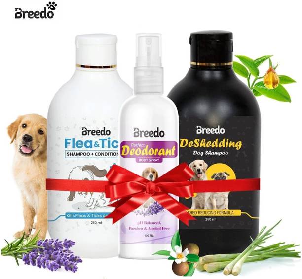Breedo (Combo of 3) Dog Deshedding Shampoo + Flea-Tick Shampoo + Deodorant Spray Allergy Relief, Conditioning, Anti-fungal, Anti-microbial, Anti-itching, Anti-dandruff Natural Dog Shampoo