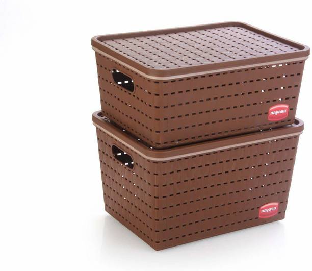 NAYASA Plastic Gloria 2 Piece Plastic Basket, Big1, Medium 1, Brown Storage Basket
