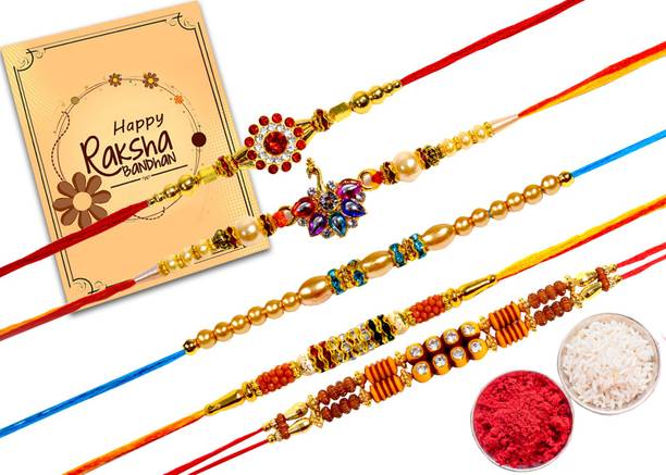 Avirons Designer Rakhi Gift for Brother IZ22-77 Mauli Thread Rakhi, Greeting Card, Chawal Roli Pack  Set