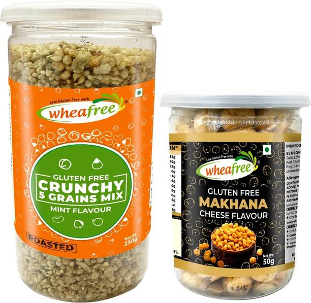 wheafree Gluten Free Crunchy 5 Grains Mix 250g -Mint Flavour & Makhana 50g Cheese Flavour