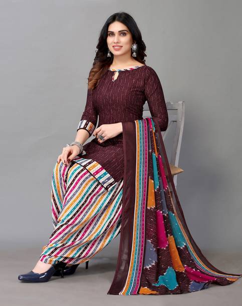 Unstitched Crepe Salwar Suit Material Checkered, Floral Print, Printed, Geometric Print