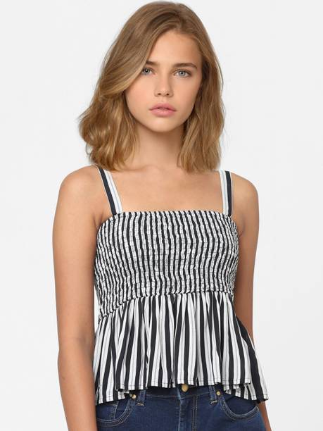 Casual Sleeveless Striped Women Black Top