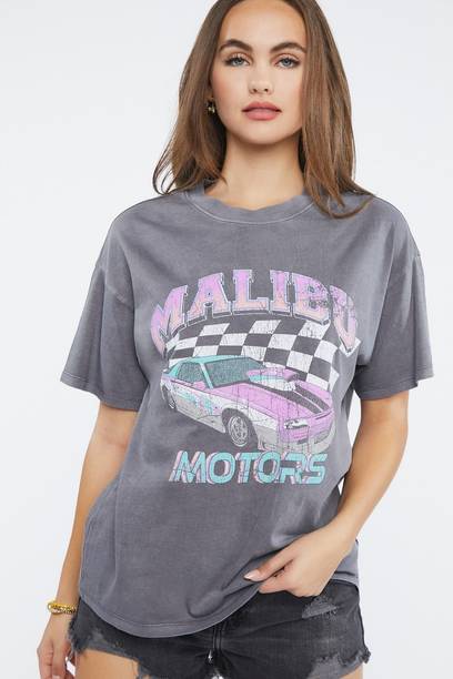 Casual Regular Sleeves Graphic Print Women Grey Top