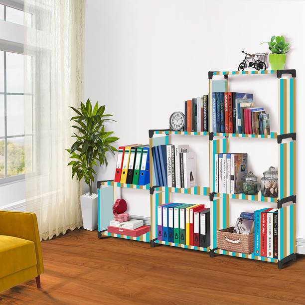 G Genipap Beige Strip Print 9 Layer Simple Bookshelf/Multipurpose Rack Metal Open Book Shelf